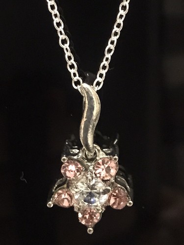 18K White Gold Over Pink & White Flower Crystal German Silver Pendant w/ Chain - Picture 5 of 7