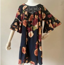 NEW umgee womens floral print tunic dress Ruffle Sleeve boho black casual S 4 6