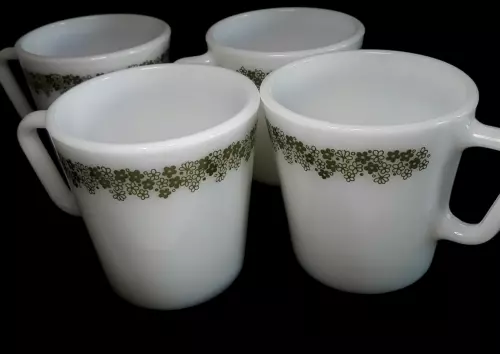 4 Vintage Pyrex CRAZY DAISY SPRING BLOSSOM Green on White Milk Glass Cups / Mugs