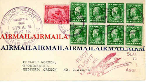 First flight cover Cam 8N6. Franklin Imperforate line block of 8