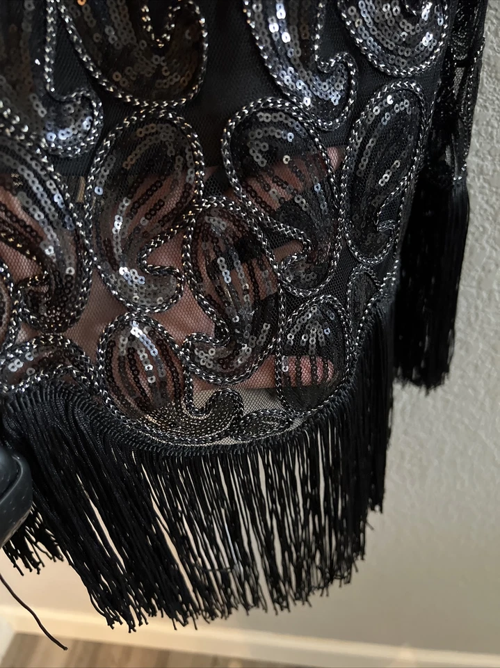 Vestido para mujer años 20 estilo Gatsby lentejuelas adornado con flecos disfraz S negro Foto 4 de 4
