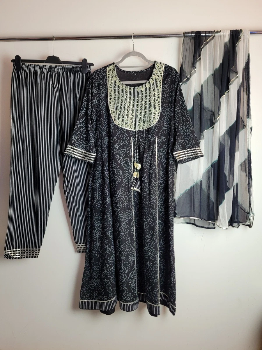 Ladies Black Silver 3 Piece Salwar Kameez Dress Indian Outfit Size