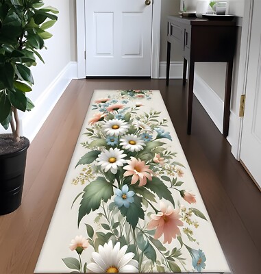Floral Hallway Runner Rug   Elegant Daisy & Wildflower Design rug for Entryway