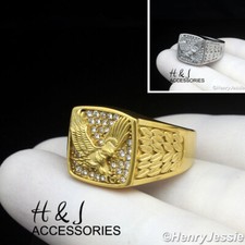 MEN Stainless Steel Icy Bling CZ Gold Plated/Silver 3D EAGLE Square Ring ASR153