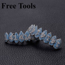 A Set 8 Teeth Top Bottom Party Hip Hop Men's Teeth Grillz CZ Iced Out Vampire