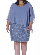 J Kara Cocktail Dress Capelet V-Neck Short Beaded Sequin Size 16 Dusty Blue