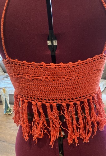 Saprano Crochet Coral Fringe size S Halter Top Midriff Boho Festival Coachella - Picture 3 of 6