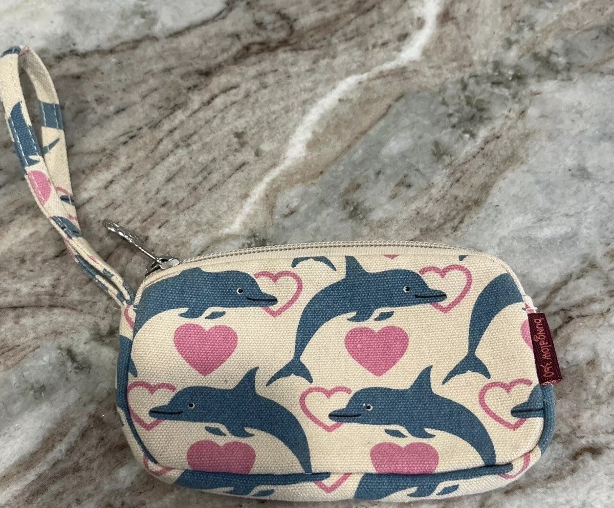 Bungalow 360 Wristlet Coin Purse Clutch Canvas 6” Dolphins Hearts