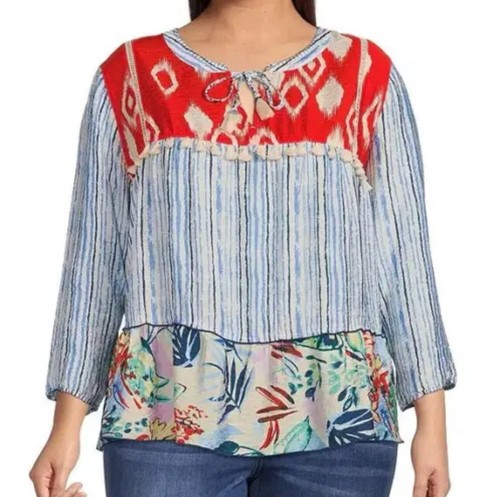 John Mark Damen künstlerische Boho Tunika Top Ikaat Streifen Blumen blau rot Übergröße 1X