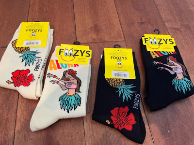 4 Pair, FOOZYS Aloha Hawaii Hula Girl/Pineapple  Crew Socks Women's Size 9-11