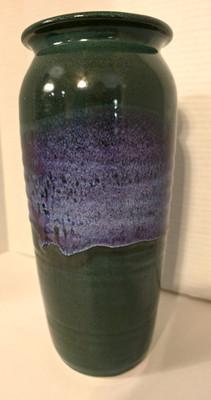 VTG BRUNING Pottery Seattle Studio Art Large Stoneware Vase GREEN PURPLE 11.25''