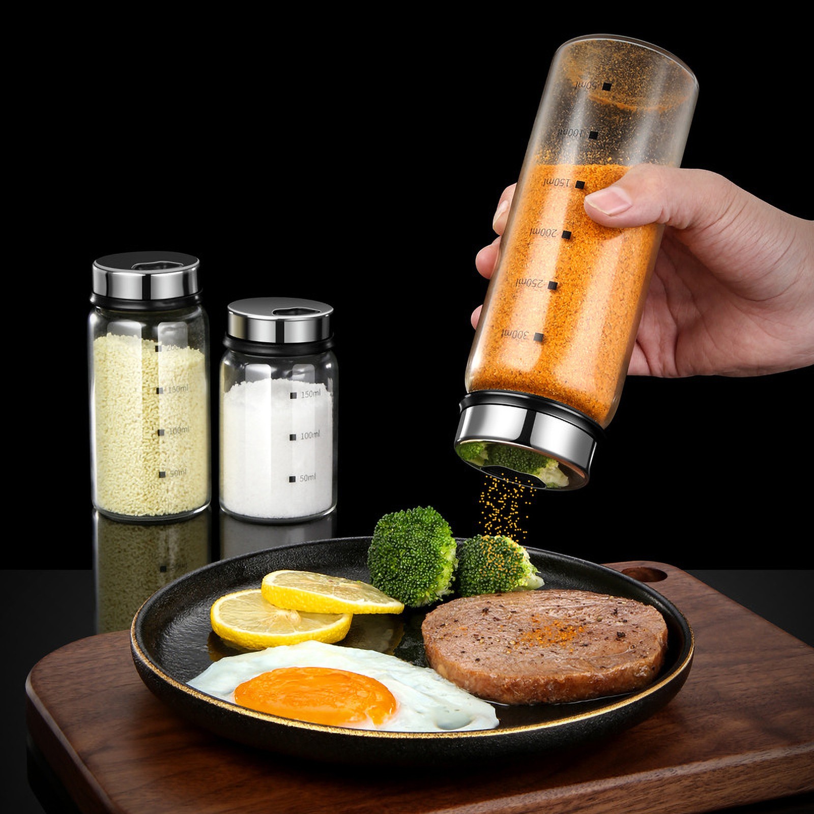 300mL Glass Seasoning Jar With Scale 4 Outlets Spice Jars Kitchen Chili Pepper P