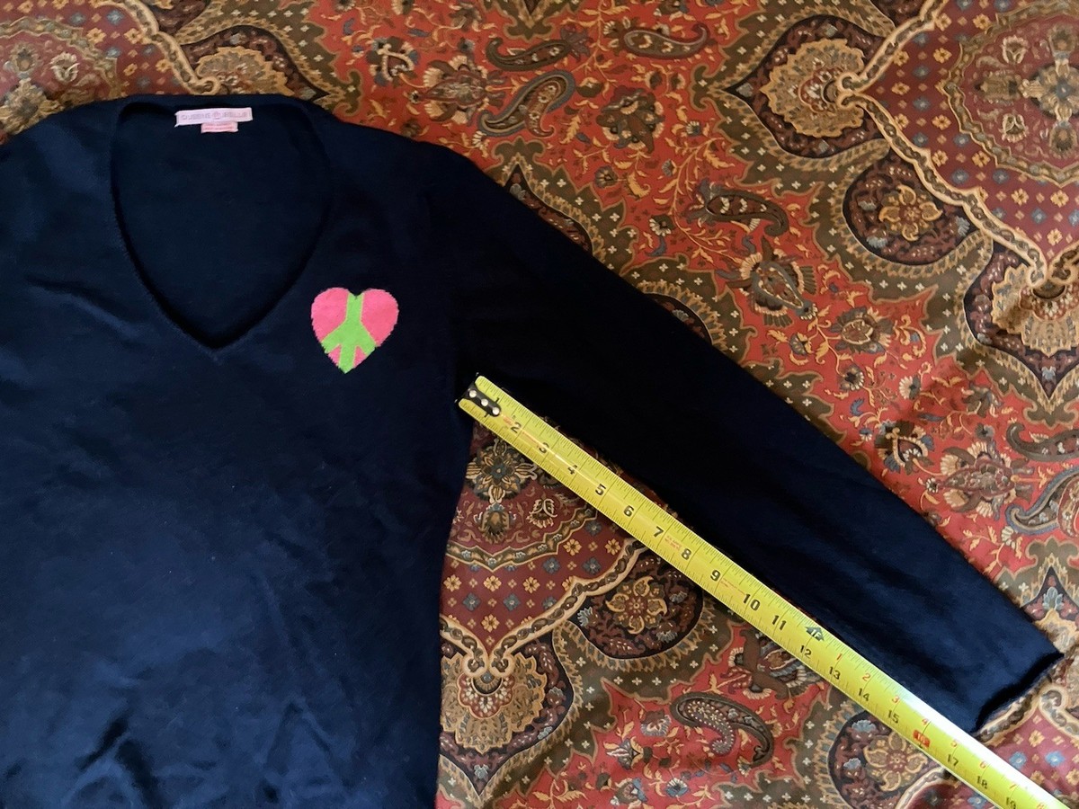 Queene Belle 100% Cashmere Sweater Navy  Blue Pink Green Heart Peace L Scotland View 6