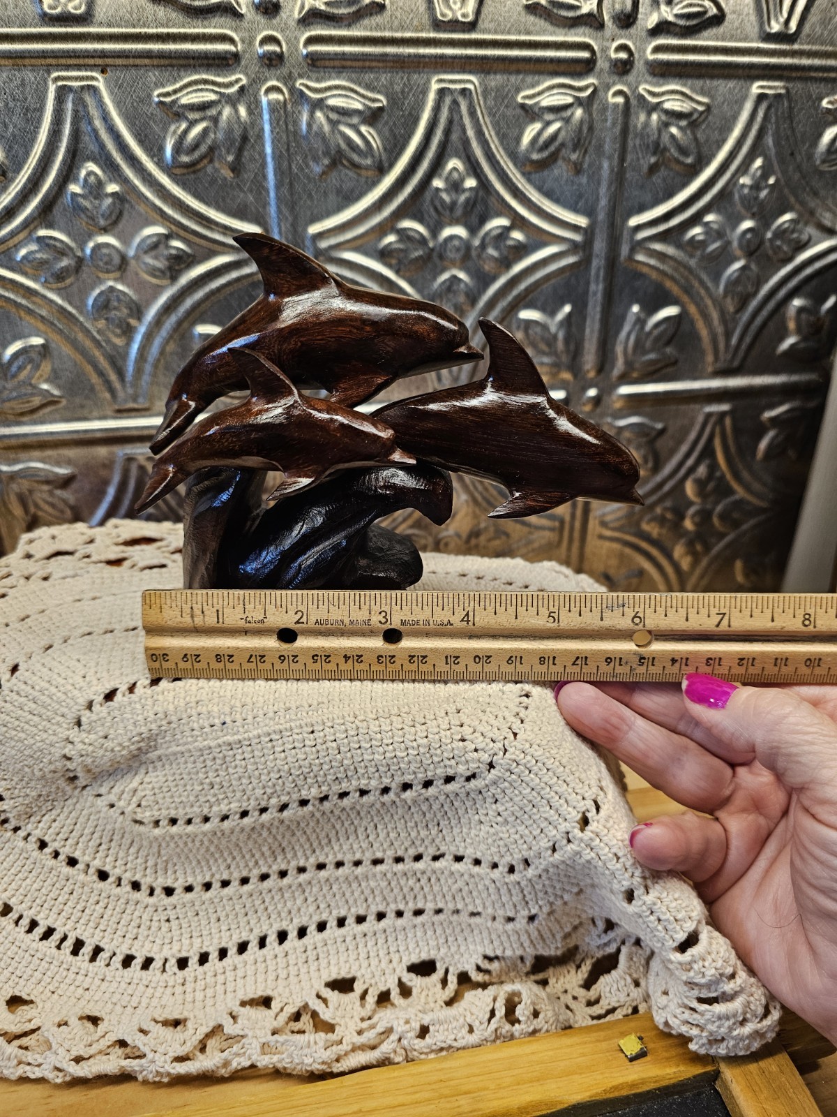 Trio Of Dolfins Riding A Wave, Ironwood Statue