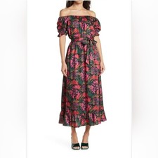 NSR Women's Short Puffy Sleeve Off Shoulder Belted Ruffle Hem Midi Dress Floral