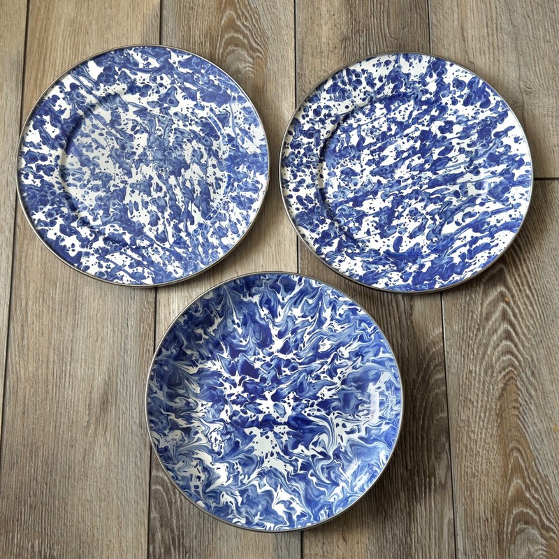 Golden Rabbit Enamelware Cobalt Blue Swirl 10.5" Dinner Plate & Pasta Plate Lot