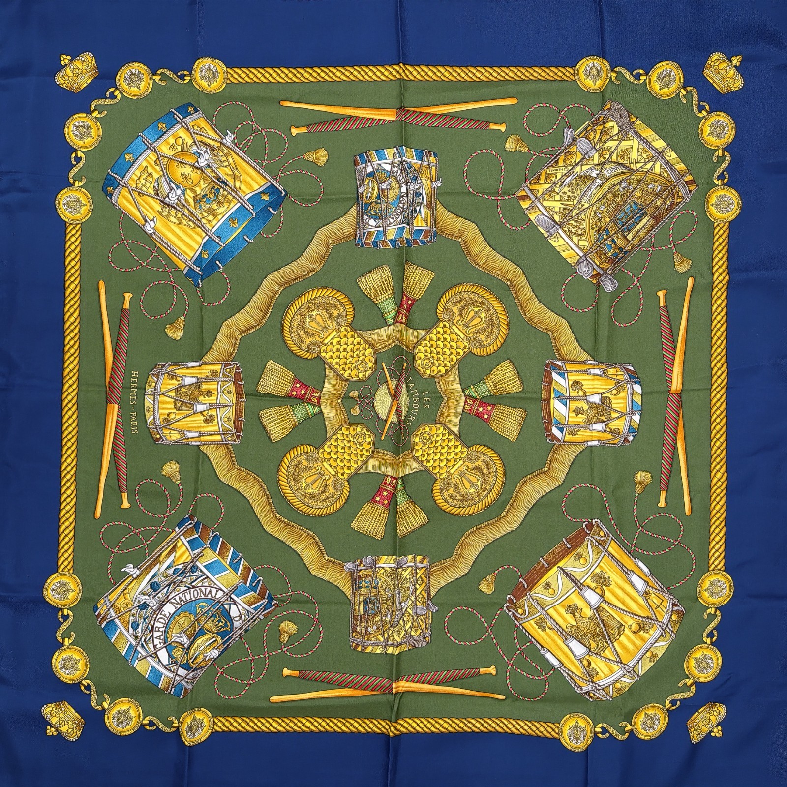 Hermes Carre 90 Les Tambours Silk Scarf Navy Green Authentic France