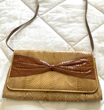 Vintage RAFFAEL SNAKESKIN SHOULDER BAG CLUTCH PURSE Tan w/Brown Bow Design 10x6