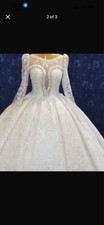 Ivory Lace Long Sleeve Ball Gown Wedding Dress with Beading Illusion Neckline