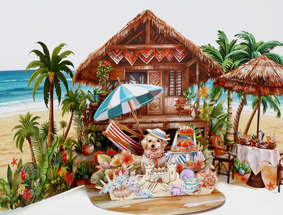 3D Pop-Up Birthday Greeting Card, Env. & Seal - Dog & Sandcastle Beach Scene