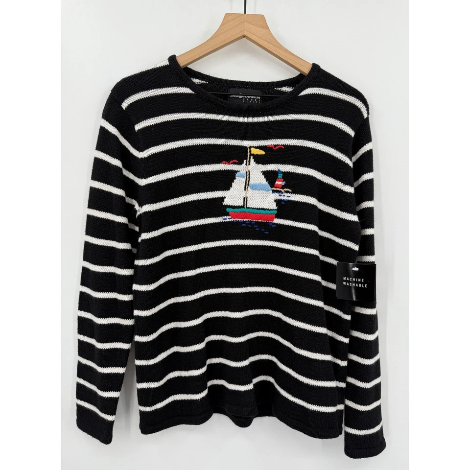 Suéter Vintage Sag Harbor Mediano Pequeño Rayas Barco Náutico Bordado NUEVO Foto 2 de 4