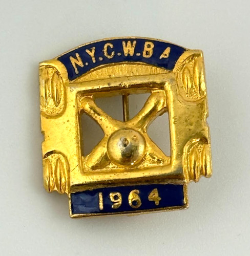 New York City Woman's Bowling Association Vtg Pin Gold Tone Blue Enamel 1964