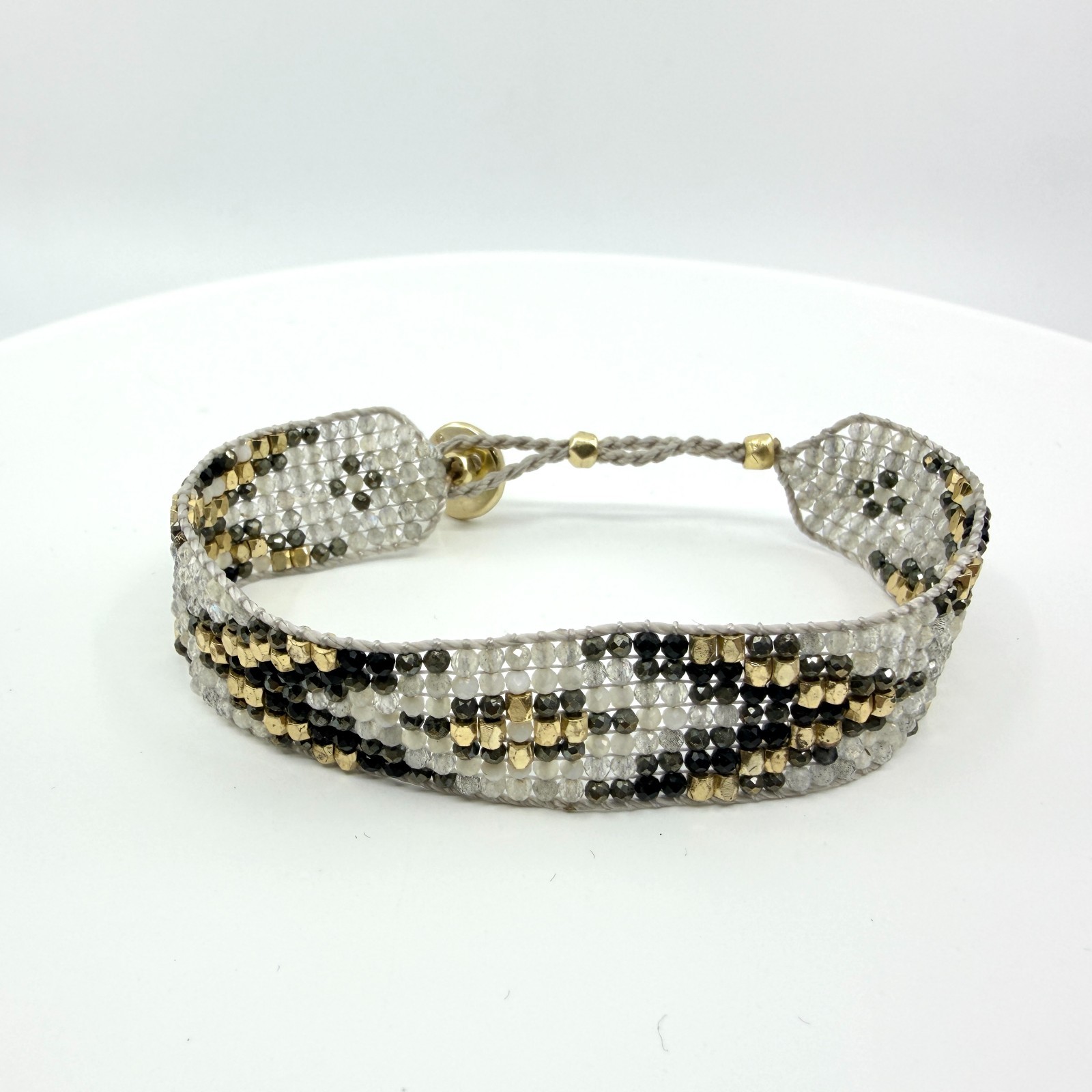 Vintage Boho Loom Woven Seed Bead Cuff Bracelet Geometric Gold Tone Black Clear