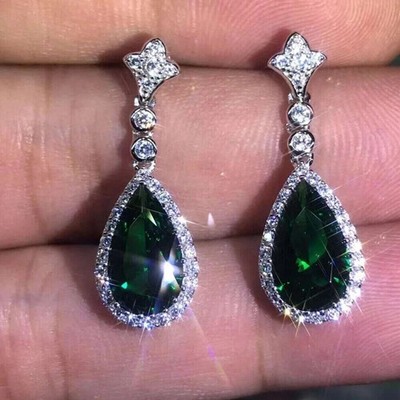 4Ct Pear Cut Lab-Created Emerald & Diamond Engagement 14K White Gold FN Earrings