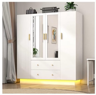 4 Door Wardrobe Closet with Mirrors and LED,Drawers and Shelves, Wardrobe Closet