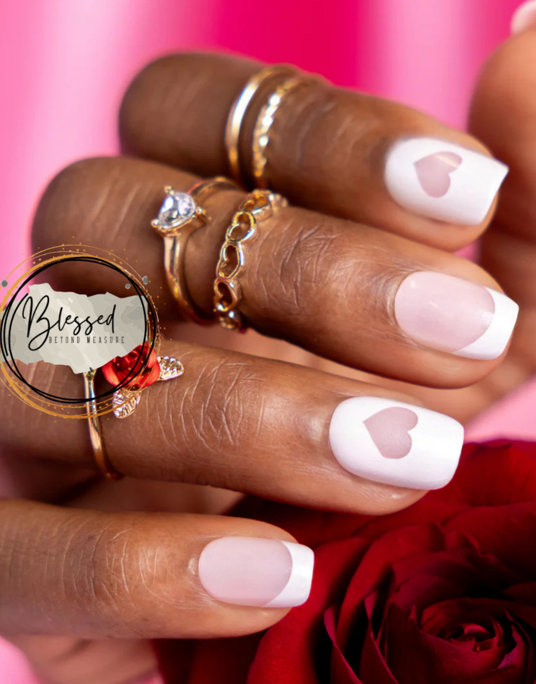 Red Aspen Press On Nails Romantic Roma -Short -Squoval -White French Valentine's