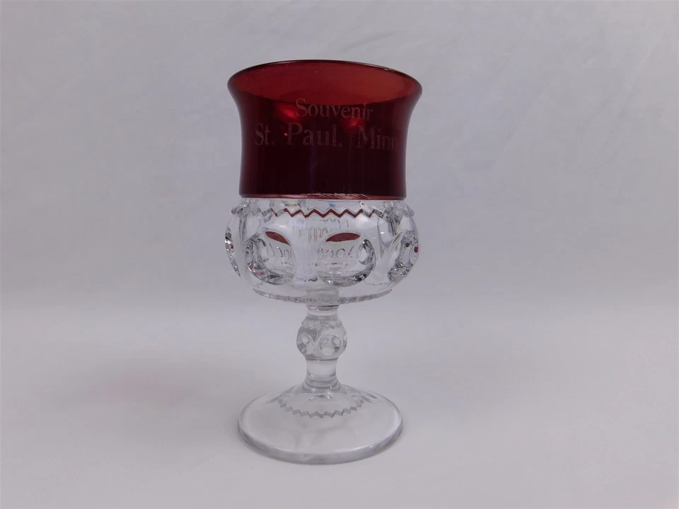 Antique Ruby Stained Etched Kings Crown Glass Goblet Souvenir St. Paul Minn. 4" - Image 4 of 4