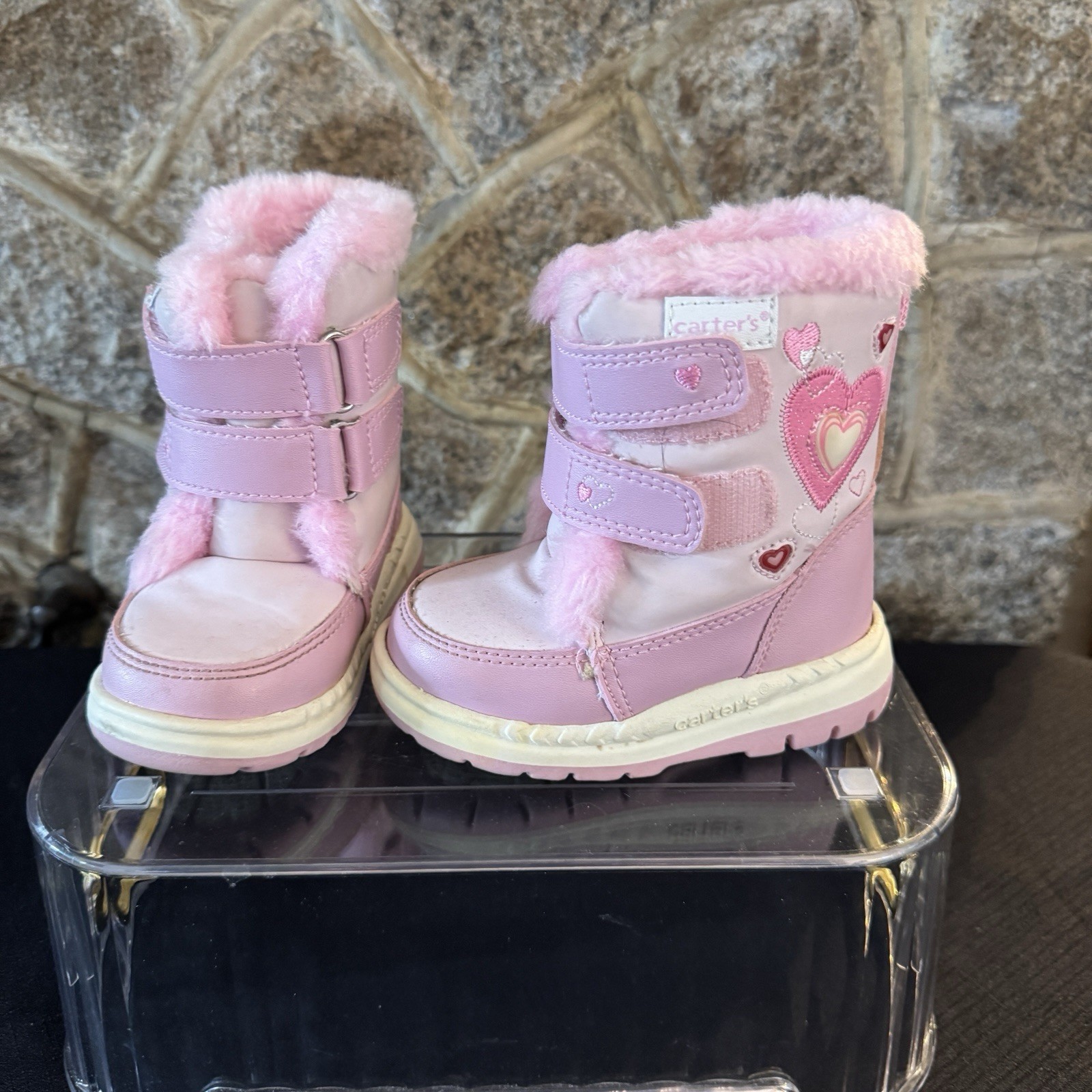 Carters Snow Boots Toddler Girls Size 5 Pink Fur Lined Slip On Adhesive Closing-image