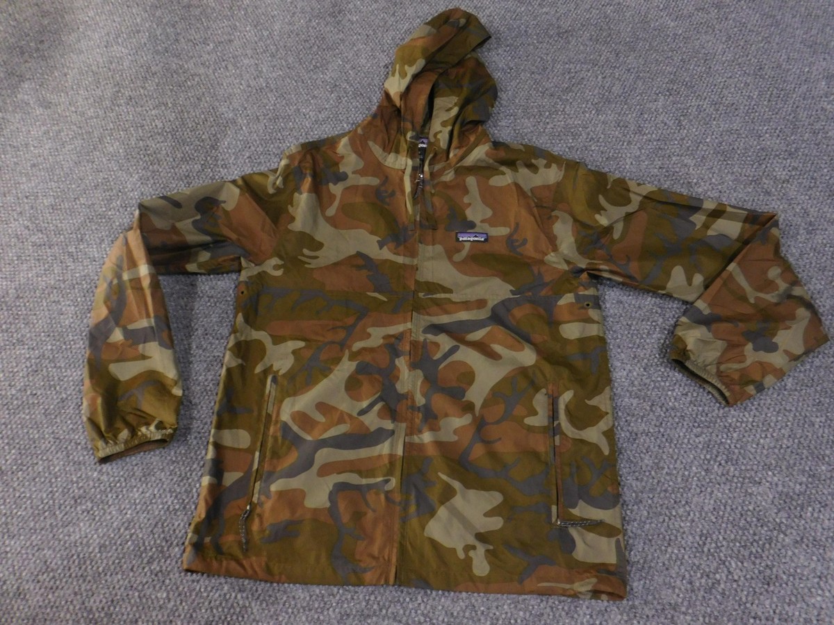 Patagonia Jacket Mens Small Camo Brown Hooded Full Zip Windbreaker