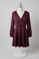 Express Burgundy Long Sleeve Mini Dress size L With Flowy Skirt & Keyhole Back C