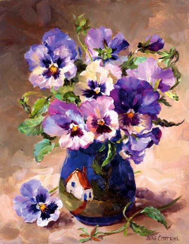 Anne Cotterill  Art Blank Greeting/ Birthday Card Pansies Torquay Jug  Flowers