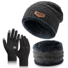 Winter Beanie Hat Circle Scarves Touchscreen Gloves Dark Grey: Hat scarf gloves
