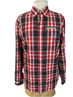US Polo Assn Button Down Men's Red/Blue Plaid Long Sleeve Shirt Size Med NWT