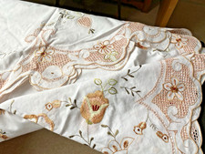 VINTAGE WHITE POLYESTER  LARGE  ROUND TABLECLOTH~66"  SILKY FLORAL EMBROIDERY