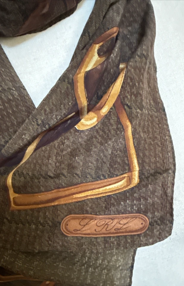 Ralph Lauren Bufanda Ecuestre de Seda Broca de Caballo Firma Marrón Dorado Dinero Antiguo Foto 2 de 4