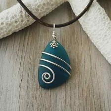 Hawaiian Jewelry Sea Glass Necklace, Teal Wire Wrapped Necklace Leather Cord