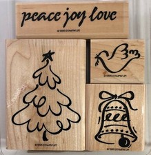 Stampin Up Rubber Wood Stamp Christmas Peace Joy Love Tree Dove Bell Set 4