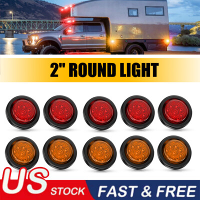 5/10x 2'' Inch DOT Red Round Trailer 9 LED Marker Lights w/ Grommet for Truck RV