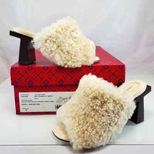 NWT 398 Tory Burch Block T 80mm Heel Shearling Heeled Mules Sandals Shoe Sz 5