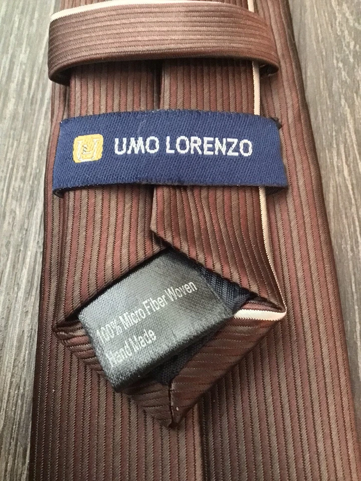 "Corbata delgada vintage Umo Lorenzo de 2"" de ancho marrón con centro a rayas blancas hecha a mano" Foto 4 de 4