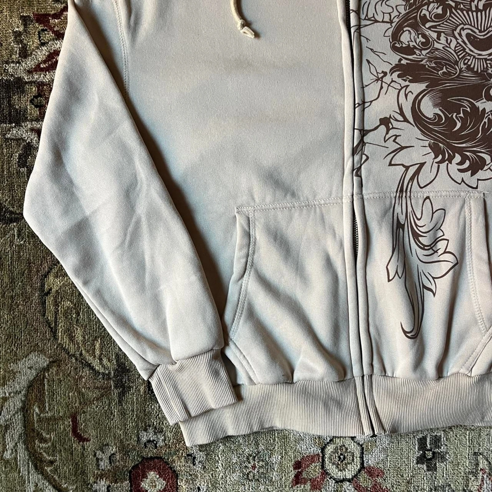 OFF WHITE Felpa con cappuccio zip intera vintage Y2K senza marchio donna panna e marrone cuore floreale taglia M