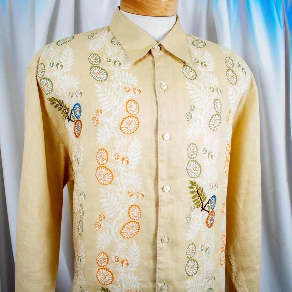 TOMMY BAHAMA Yellow Orange Multicolor Floral Embroider Linen Men Shirt Size XL - Image 4 of 4