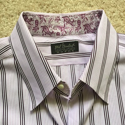 Mel Gambert Custom Button Uo Dress Shirt Purple, Black Stripes Mens XL Flip Cuff
