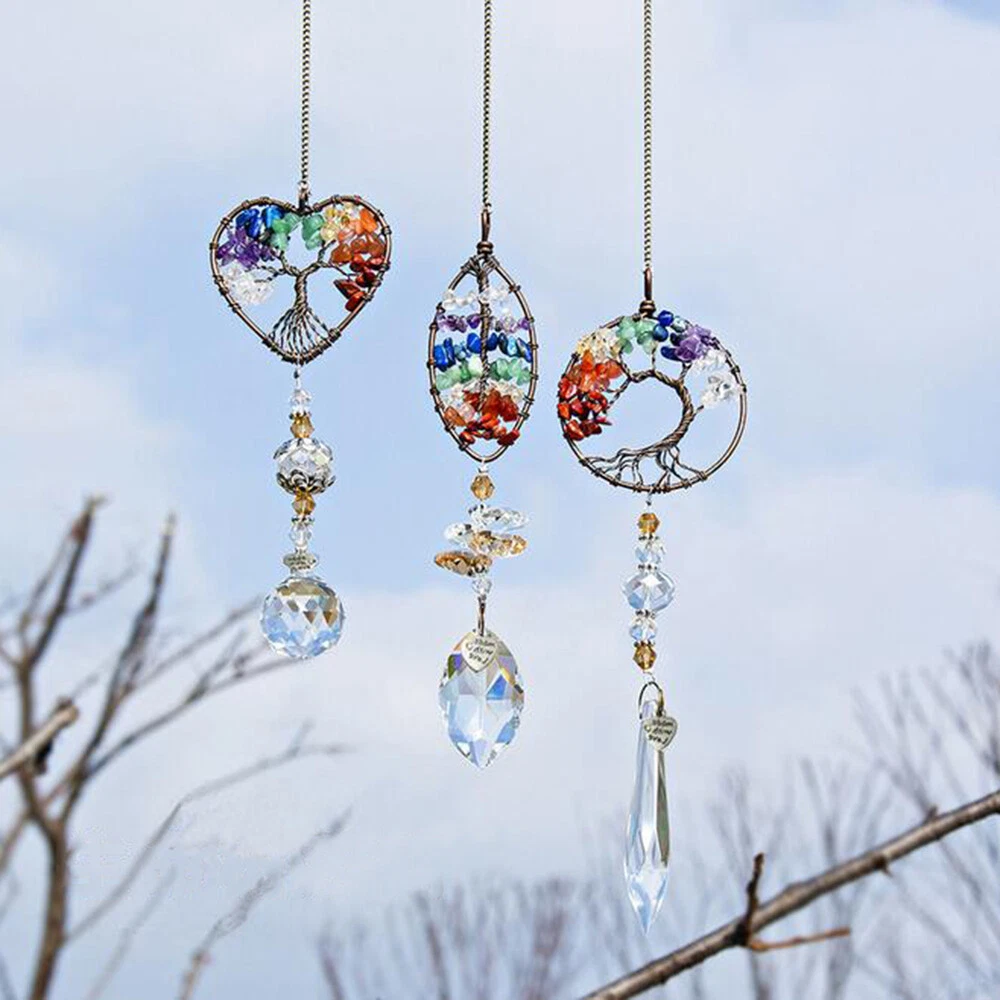 Hanging Crystal Suncatcher Life Tree Stone Beads Prism Pendant Window Decor