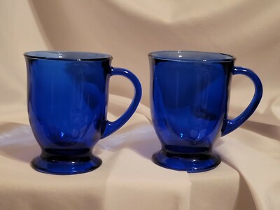 Anchor Hocking 12 oz Cobalt Blue Glass Footed Coffee Mug 2 pc LN | eBay
