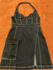 Urban Outfitters Dress Womens S Blue Denim Halter Mini Cargo Pockets Utility